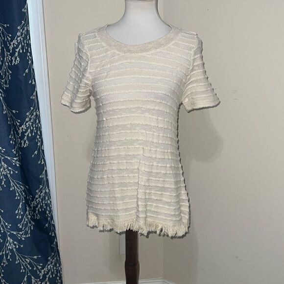 Anthropologie | Anthro Eri + Ali Adia Ivory Fringed Sweater Short Sleeve Boho S - Picture 2 of 9